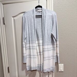LOFT gray and ivory striped open front cardigan